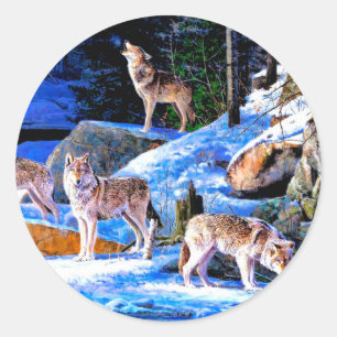 Sticker Rond Loups en peinture à la neige