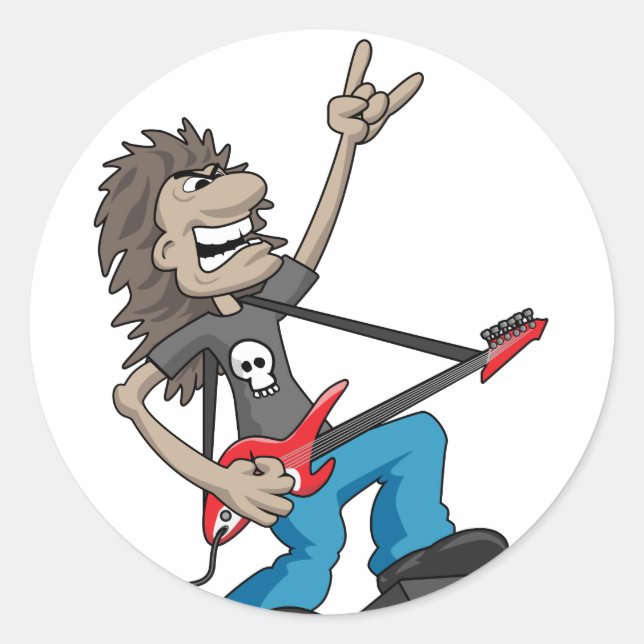 Sticker Rond Lourd Metal Rock Guitariste Dessin (Devant)