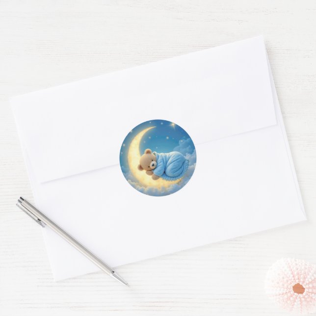 Sticker Rond L'ours en peluche dort sur la lune (Enveloppe)