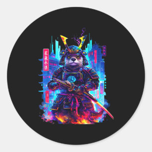 Sticker Rond Loutre Katana Cyberpunk Néon Samouraï Art Japonais