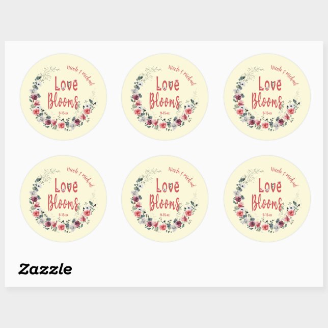 Sticker Rond Love Blooms Personnalisée Mariée Groom Mariage Dat (Feuille)