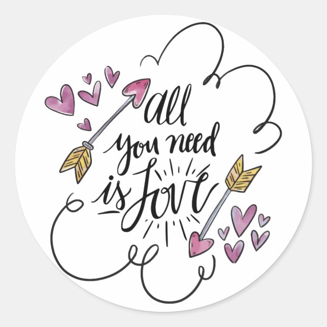 Sticker Rond Love Citation Coeurs Flèches Mariage jaune violet (Devant)