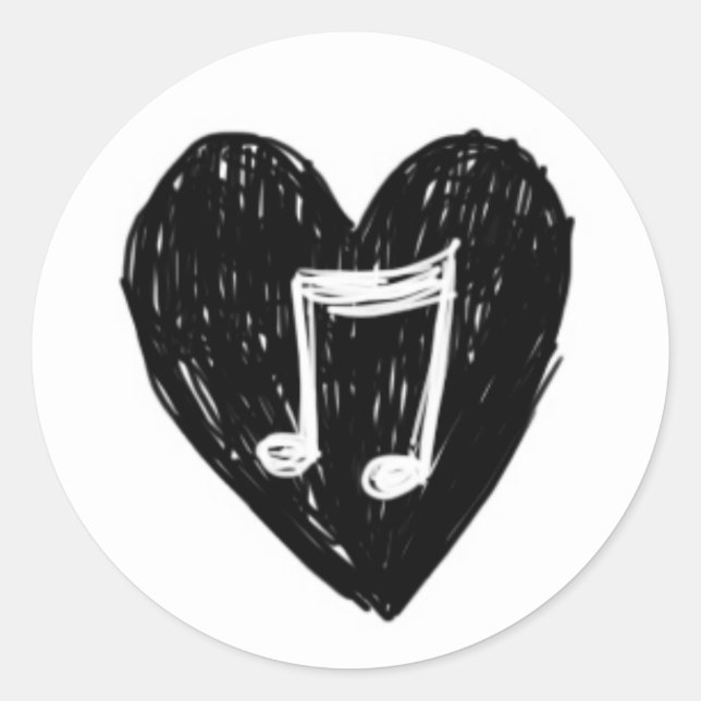Sticker Rond Love Heart note musicale Doodle Black on White (Devant)