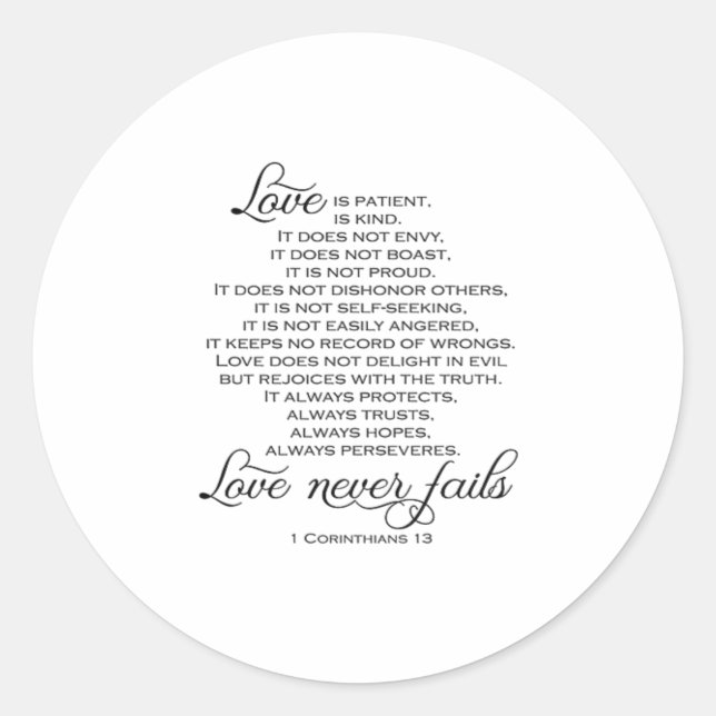 Sticker Rond Love Is Patient Proposal Love Never Fails Heartfel (Devant)