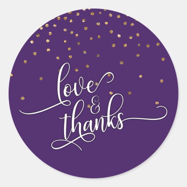 Sticker Rond Love & Merci Script Gold Confetti et foncé violet (Devant)