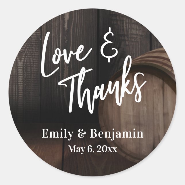 Sticker Rond Love & Merci Typographie Décontractée avec tonneau (Devant)