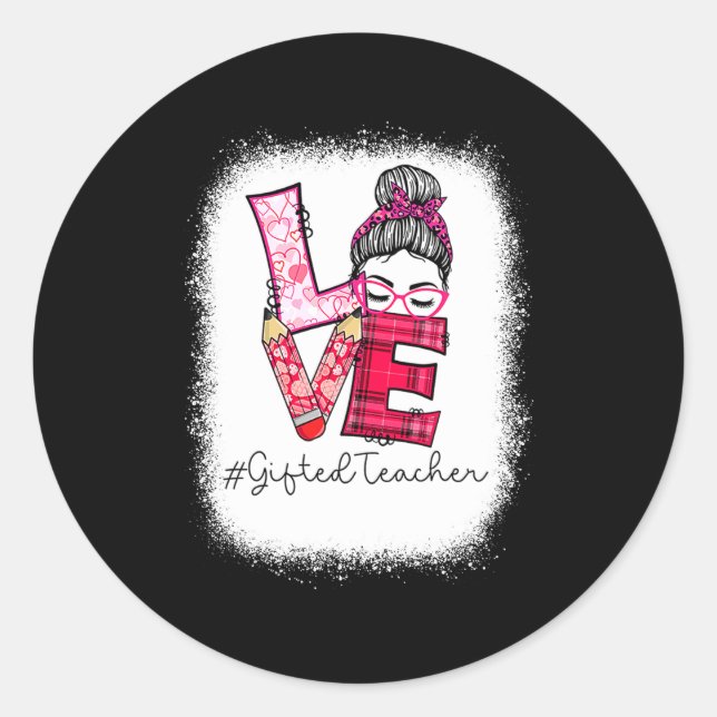 Sticker Rond Love Messy Bun Ed Teacher Valentines Day Matching  (Devant)