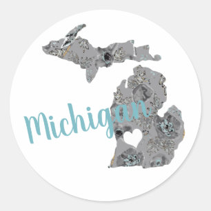 Sticker Rond Love Michigan Floral Rempli Silhouette