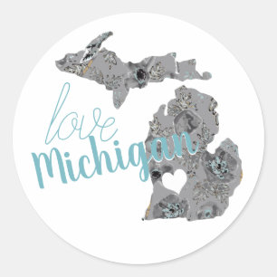 Sticker Rond Love Michigan Floral Rempli Silhouette