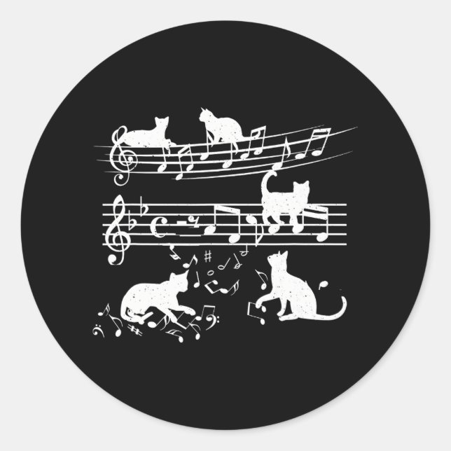 Sticker Rond Love Music Piano Cat Jouer Sur Notes Musicales (Devant)