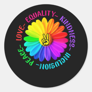 Sticker Rond Love Peace Kindness Inclusion Peace Sign Daisy