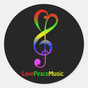 Sticker Rond Love peace music hippie treble clef