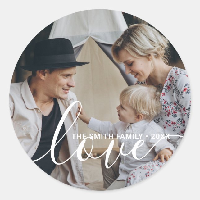 Sticker Rond 'Love' Photo de famille personnalisée avec nom per (Devant)