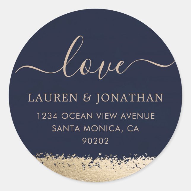 Sticker Rond Love Script, Navy et Gold Foil Mariage (Devant)