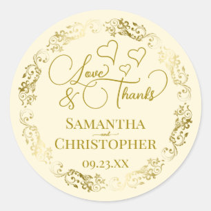Sticker Rond Love & Thanks Elegant Gold & Cream Mariage