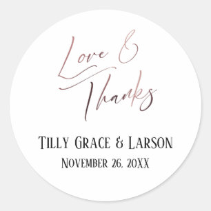 Sticker Rond Love & Thanks Elegant Rose Gold écriture manuscrit