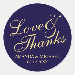 Sticker Rond 'Love & Thanks' Marine & Gold Elegant Wedding Favo