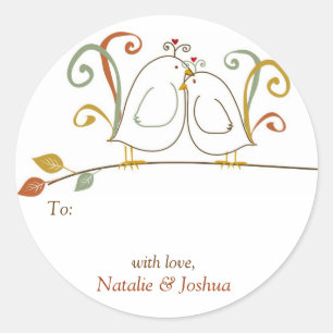 Sticker Rond Lovebirds sur Branches Tags cadeaux