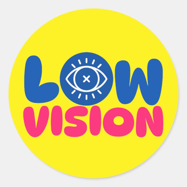Sticker Rond Low Vision - blue and pink on yellow background (Devant)