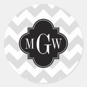 Sticker Rond Lt Gris Blanc Chevron Noir Quatrefeuille 3 Monogra