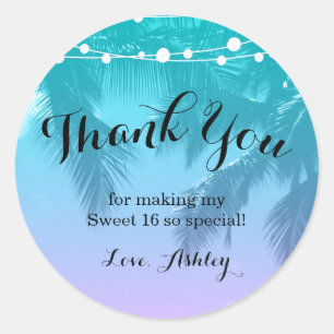 Sticker Rond Luau Turquoise rose doux 16 Merci