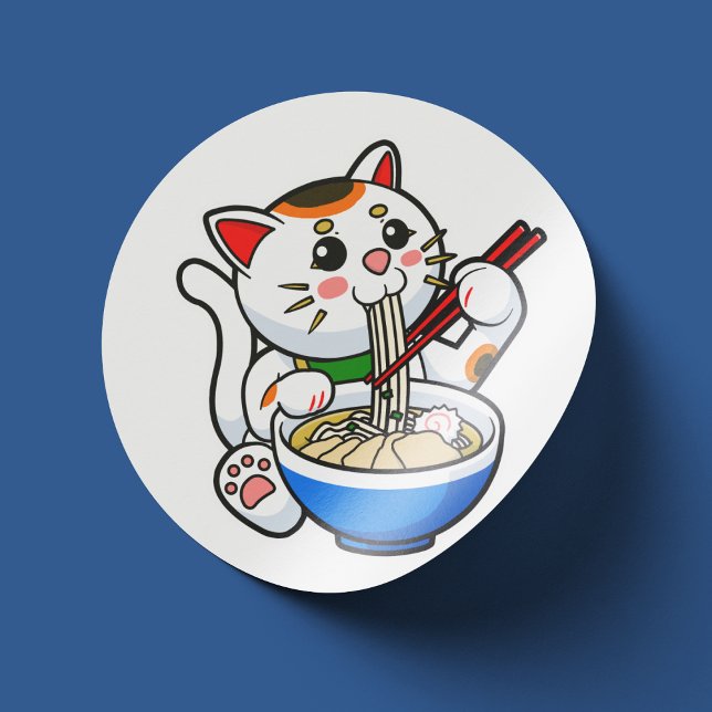 Sticker Rond Lucky Cat Ramen (Lucky Cat Eating Ramen- Sticker View)