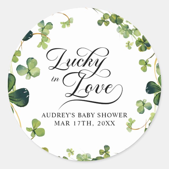 Sticker Rond Lucky in Love Baby Shower Mariée Trèfle Vert (Devant)