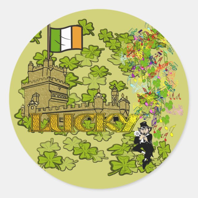 Sticker Rond Lucky Leprechaun et son château irlandais (Devant)