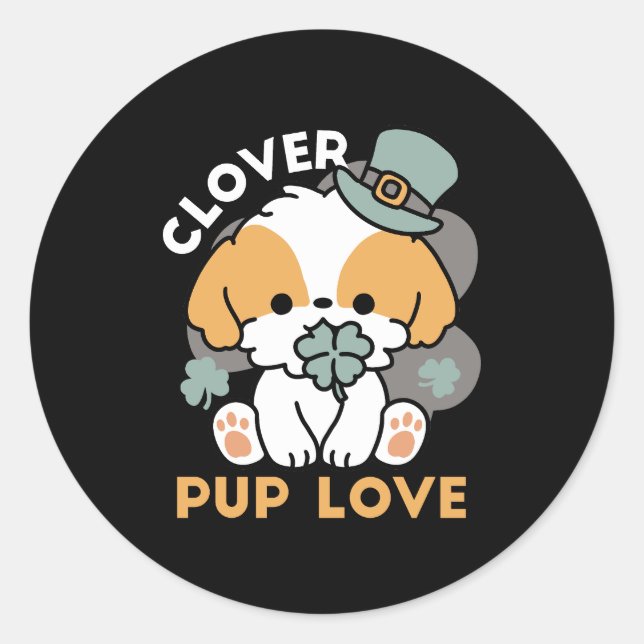 Sticker Rond Lucky Pup with Clover - St. Patrick's Day Cadeau (Devant)