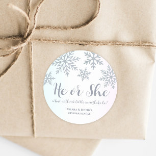 Sticker Rond Lui ou elle rose Bleu hiver Flocon de neige Révéla