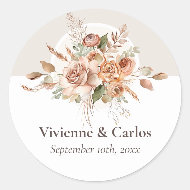 Sticker Rond Lumière Terre Tone Floral Russe Boho Mariage (Devant)