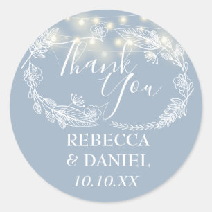 Sticker Rond Lumières de Chaîne Bleu Poussiéreux Floral Merci