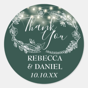 Sticker Rond Lumières de Chaîne Vert Émeraude Floral Merci