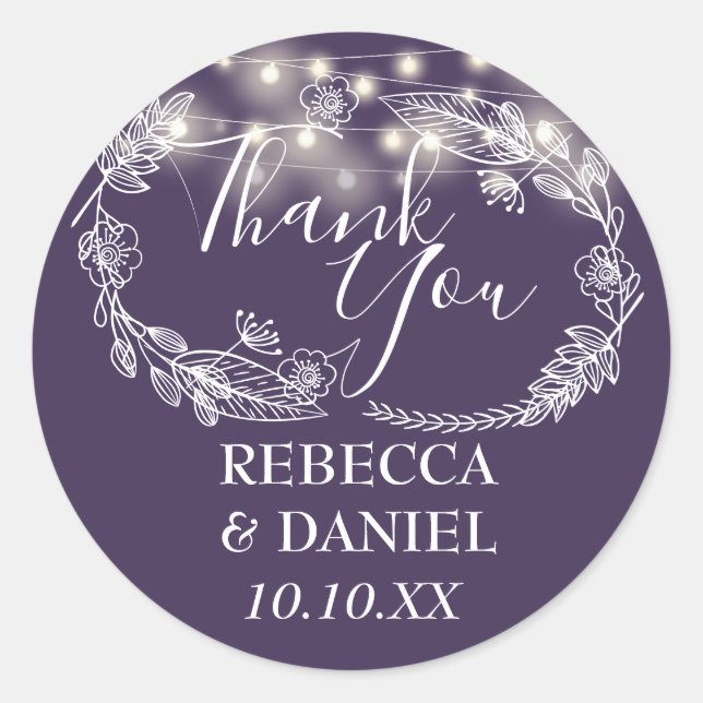 Sticker Rond Lumières de Chaîne Violettes Fleuries Merci (Devant)