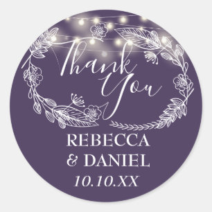 Sticker Rond Lumières de chaîne violettes remerciement floral