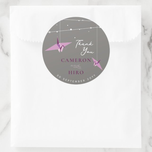 Sticker Rond Lumières de grue en papier violet Origami Mariage  (Sac)