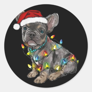 Sticker Rond Lumières de Noël Chien Bouledogue Français Santa X