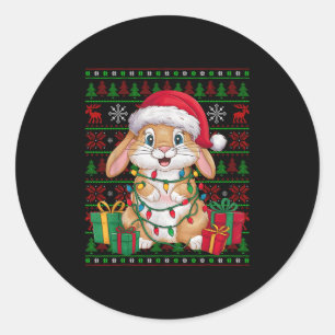 Sticker Rond Lumières de Noël Lapin Bunny Chapeau de Père Noël