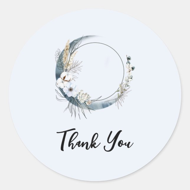 Sticker Rond Lune Croissant Bleu avec Merci Fleurs Blanches (Devant)