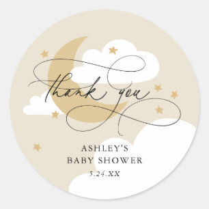 Sticker Rond Lune et étoiles Baby shower de script beige Merci