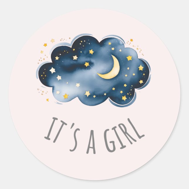 Sticker Rond Lune et Étoiles Rose C'est une fille Baby Shower (Devant)