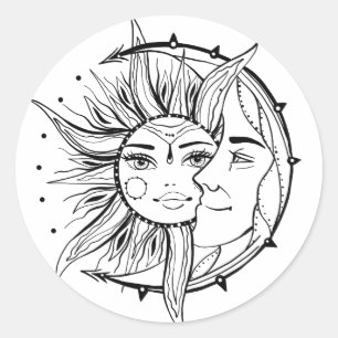 Sticker Rond Lune et soleil. illustration de tatouage de style 