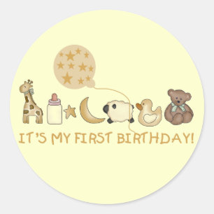 Sticker Rond Lune, étoiles et animaux Premier anniversaire