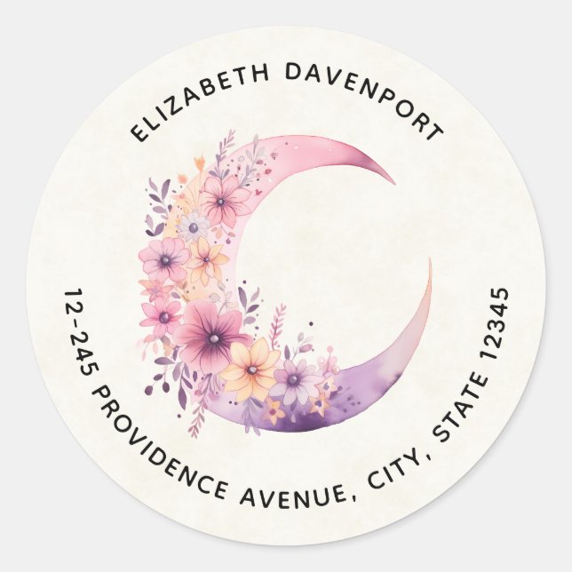 Sticker Rond Lune rose Croissant avec Jolie Fleurs Adresse (Devant)