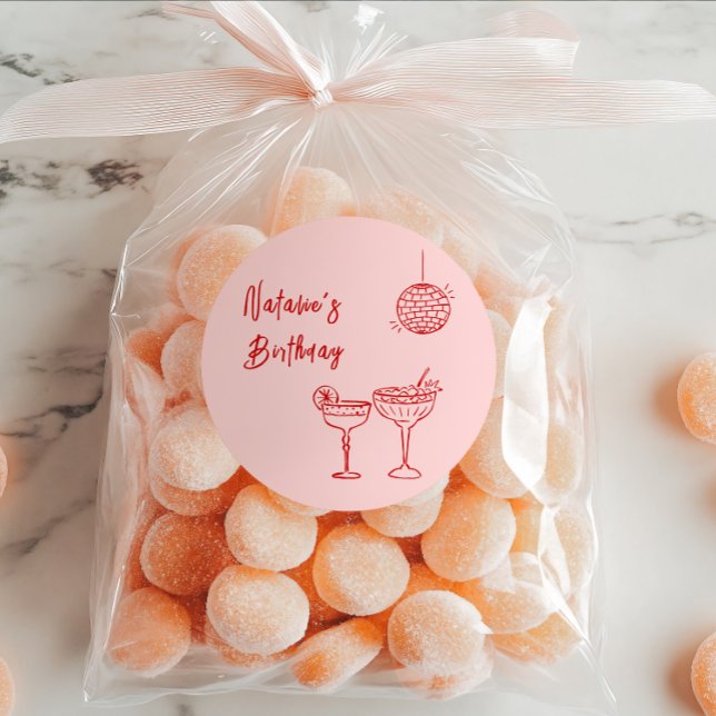 Sticker Rond Lunettes de Cocktail rose à la main Anniversaire (Créateur téléchargé)