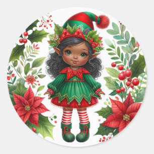 Sticker Rond Lutin de Noël à peau brune de fêtes