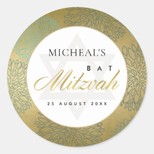 STICKER ROND LUX FAUX BLANC OR DAHLIA BAT MITZVAH BAR FLEURI