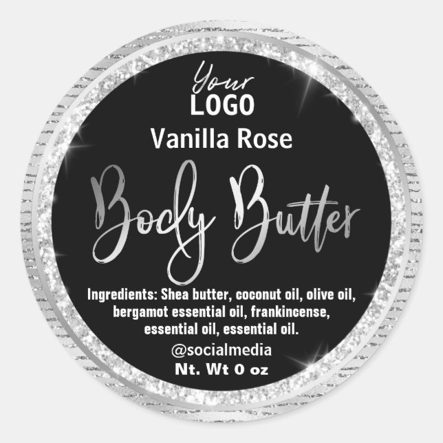Sticker Rond Luxe Black Parties scintillant argent  Beurre Étiq (Devant)