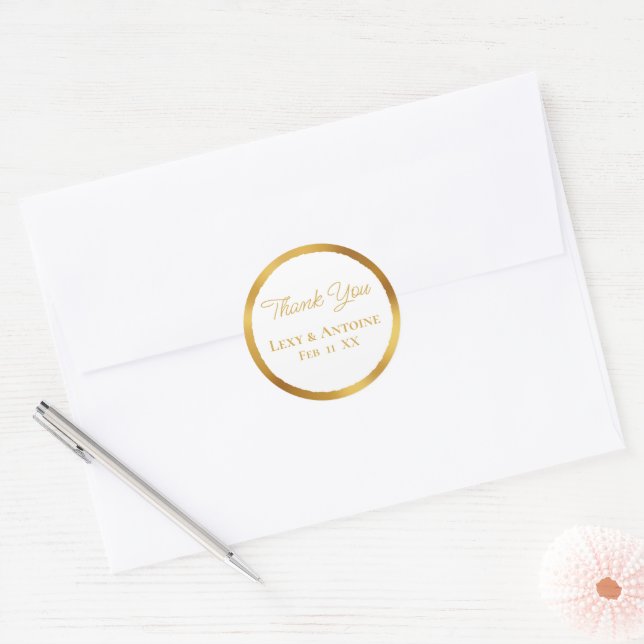 Sticker Rond Luxe Gold Edge White Merci Noms Mariage Date (Enveloppe)