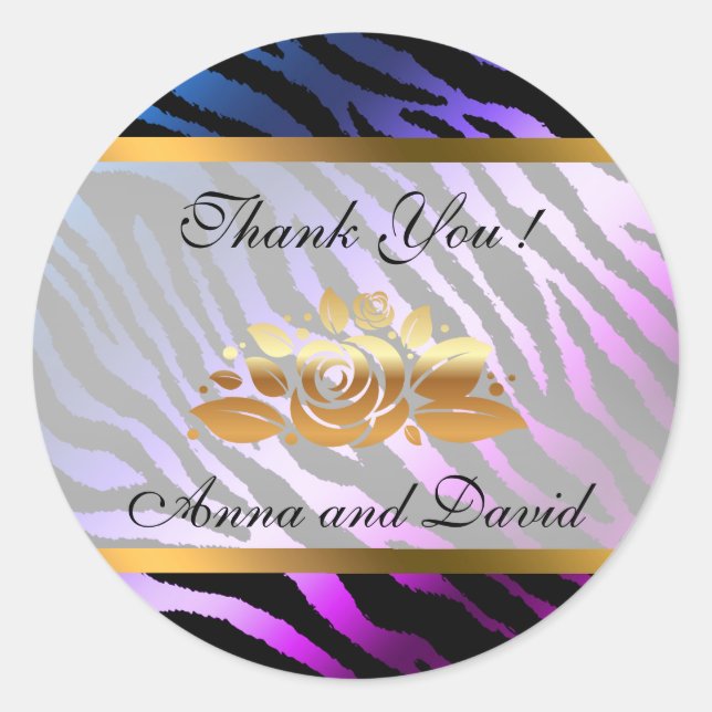 Sticker Rond Luxe Moderne Argent Tigre Violet Ajoutez Votre Tex (Devant)